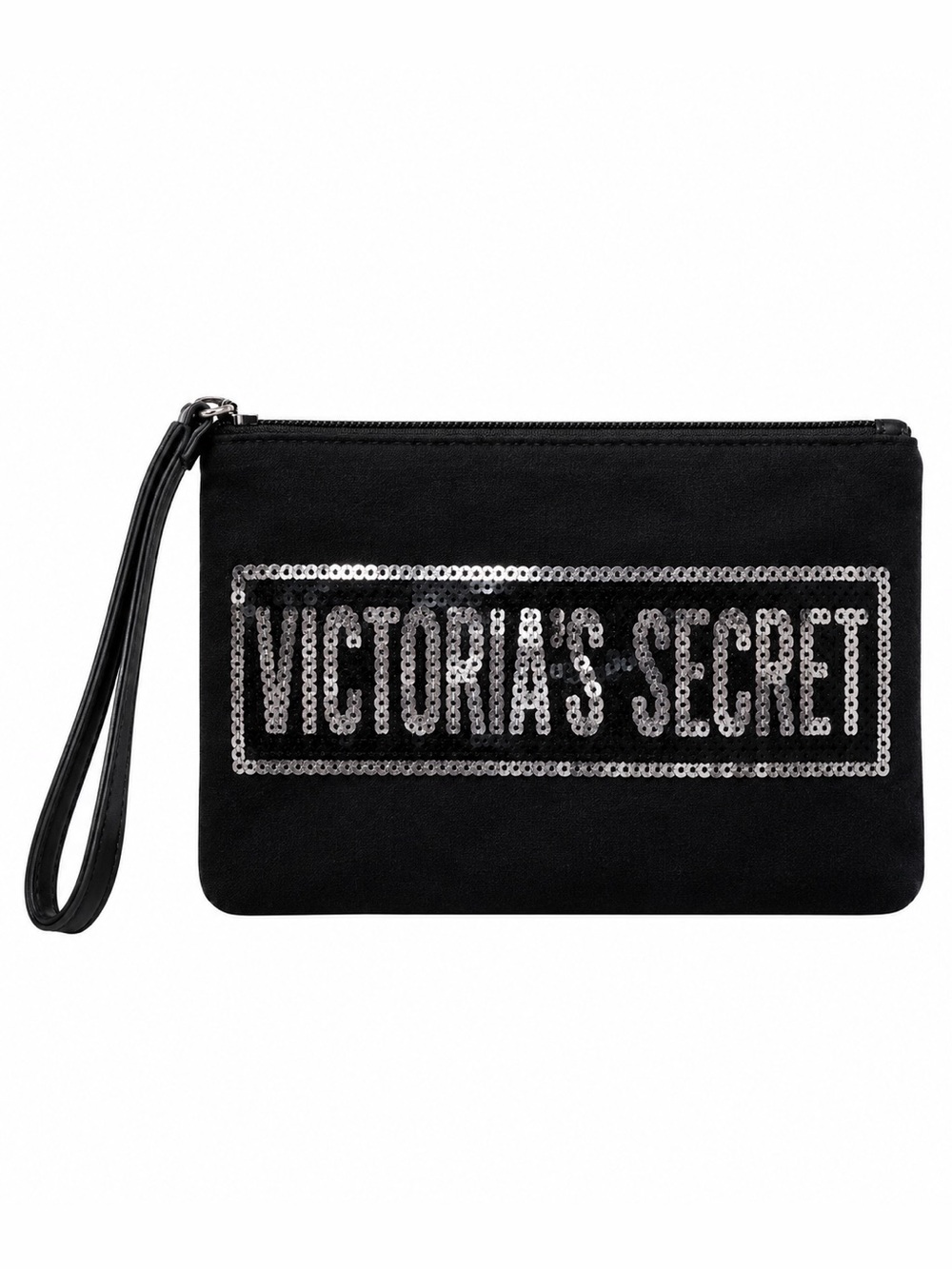Victoria’s Secret Black Sequin Logo Wristlet Pouch – 8.5” x 6” Like New